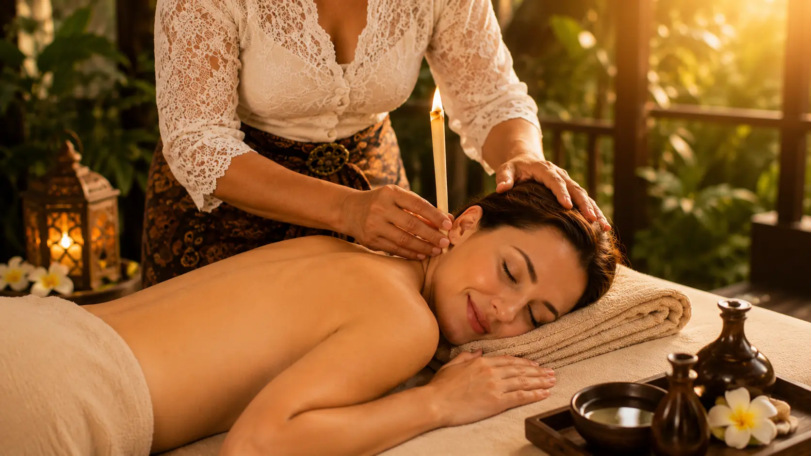 A therapist is performing an ear-candling treatment at a villa in Bali.