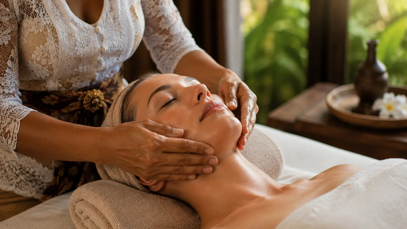 A therapist's hands gently performing a facial treatment on the jawline and cheek area at her villa in Bali.