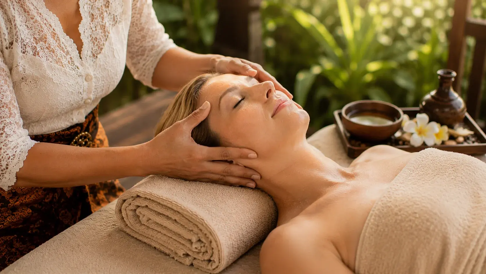 a guest enjoy home service treatment in their villan in bali , with their  therapist's hands gently massaging along the jawline and temple area 