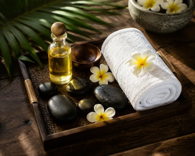 Flat-lay of Balinese spa tools, hot stones, a small bottle of massage oil, frangipani flowers, a rolled white towel