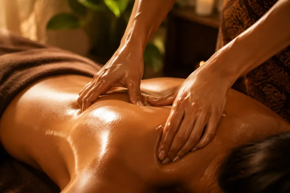 warmed shoulders and back being gently massaged with oil in villa kuta, bali