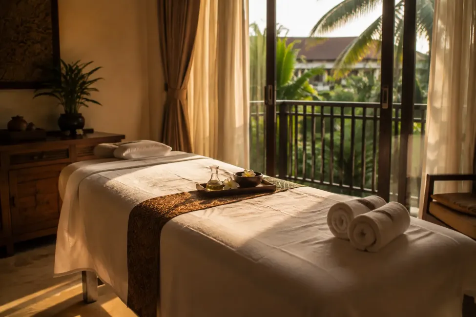 A massage table draped in white linen set up in a Kuta hotel room with balcony doors open to greenery, rolled towels and a small bottle of oil nearby