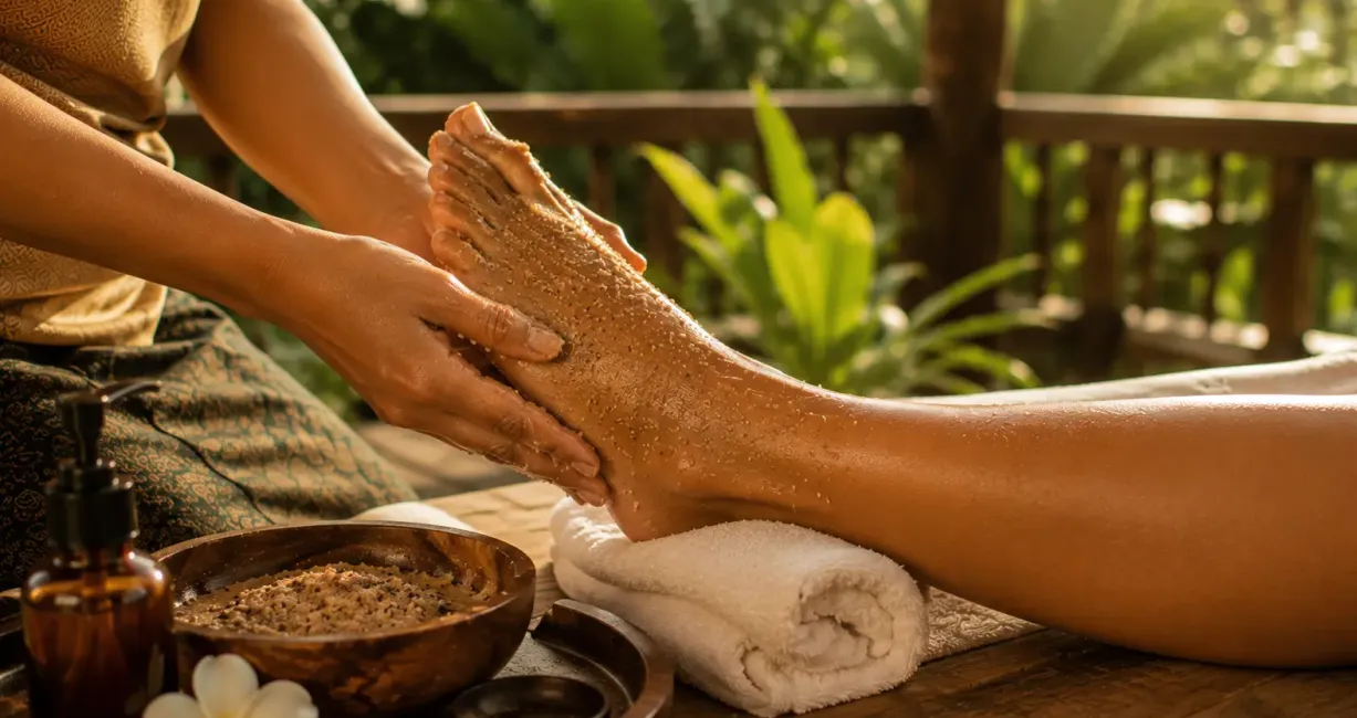 A therapist is performing a scrub treatment on a guest's legs at their villa in Bali.